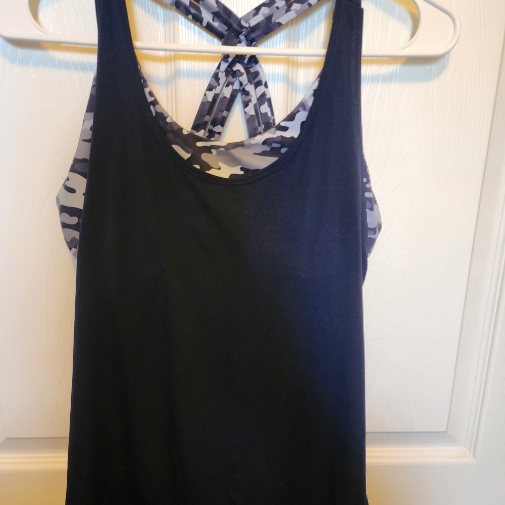 Fabletics Navy Blue and Gray Camo Tank Top